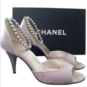 CHANEL Lavender Grey Silver Pearl Ankle Strap Heels Silk Shoes Sandals 38 7 7.5